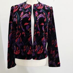 usa vintage 1970s WEATHERVANE Size 8 Velvet Floral Open Front Blazer Black Boho